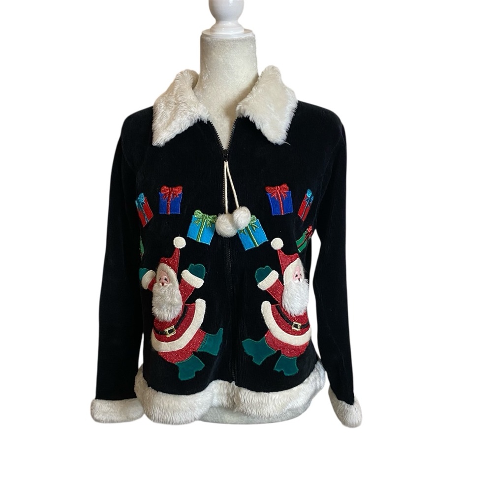 Vintage Bellepointe Christmas Black & Faux Fur Zip Up Cardigan Sweater Medium